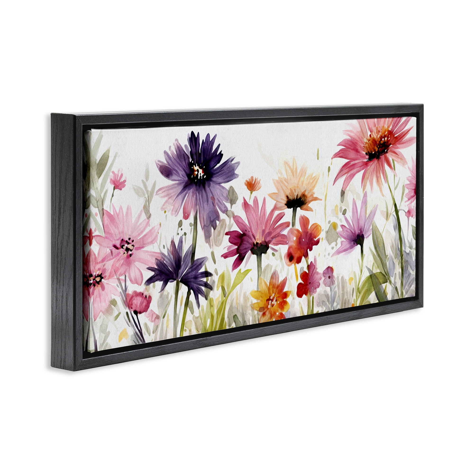 Stupell Industries Pink & Purple Blossoms Botanical & Floral Painting Black Floater Framed Canvas Art Print Wall Art, 31 x 14