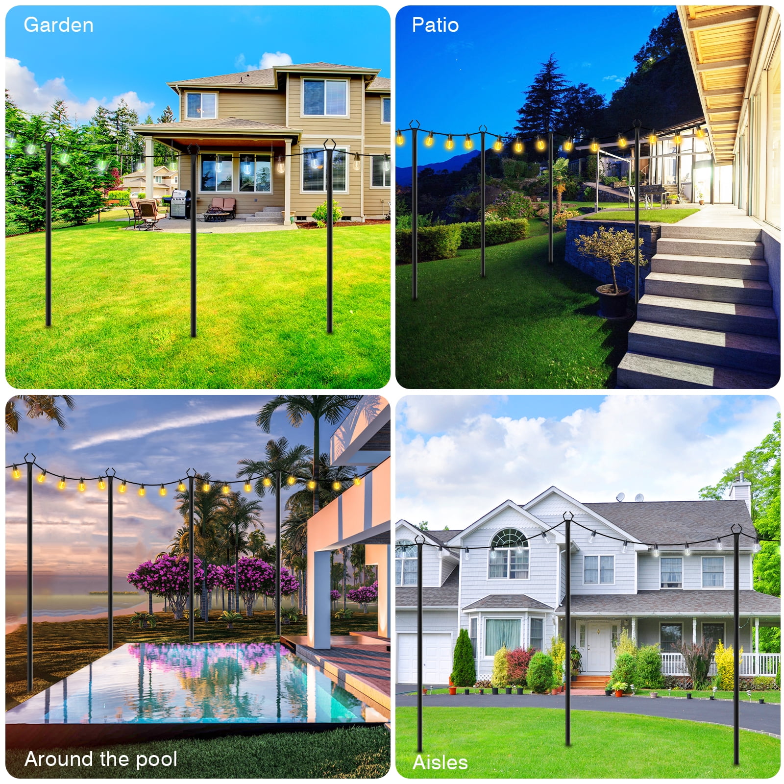 2Pack 10FT Outdoor String Light Poles with Fence Brackets, Heavy Duty Metal Light Stand for Hanging String Lights, Weatherproof Deck Patio Backyard Garden Light Pole for Wedding Party Holiday Decor