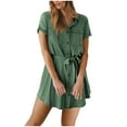 thumbnail image 2 of Dresses for Women 2024 Sale Casual Summer Simple Solid Color Collared V Neck Shirt Dress Short Sleeve Belted Dresses Jumpsuits with Pocket Green qILAKOG Size L, 2 of 6