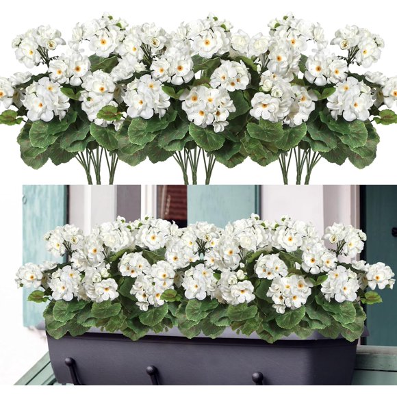 3 Pcs 14'' Artificial Geranium Silk Flower Outdoor UV Resistant Garden Plants Bush Faux Flowers for Home Wedding Kitchen Table Centerpieces Decor (White)