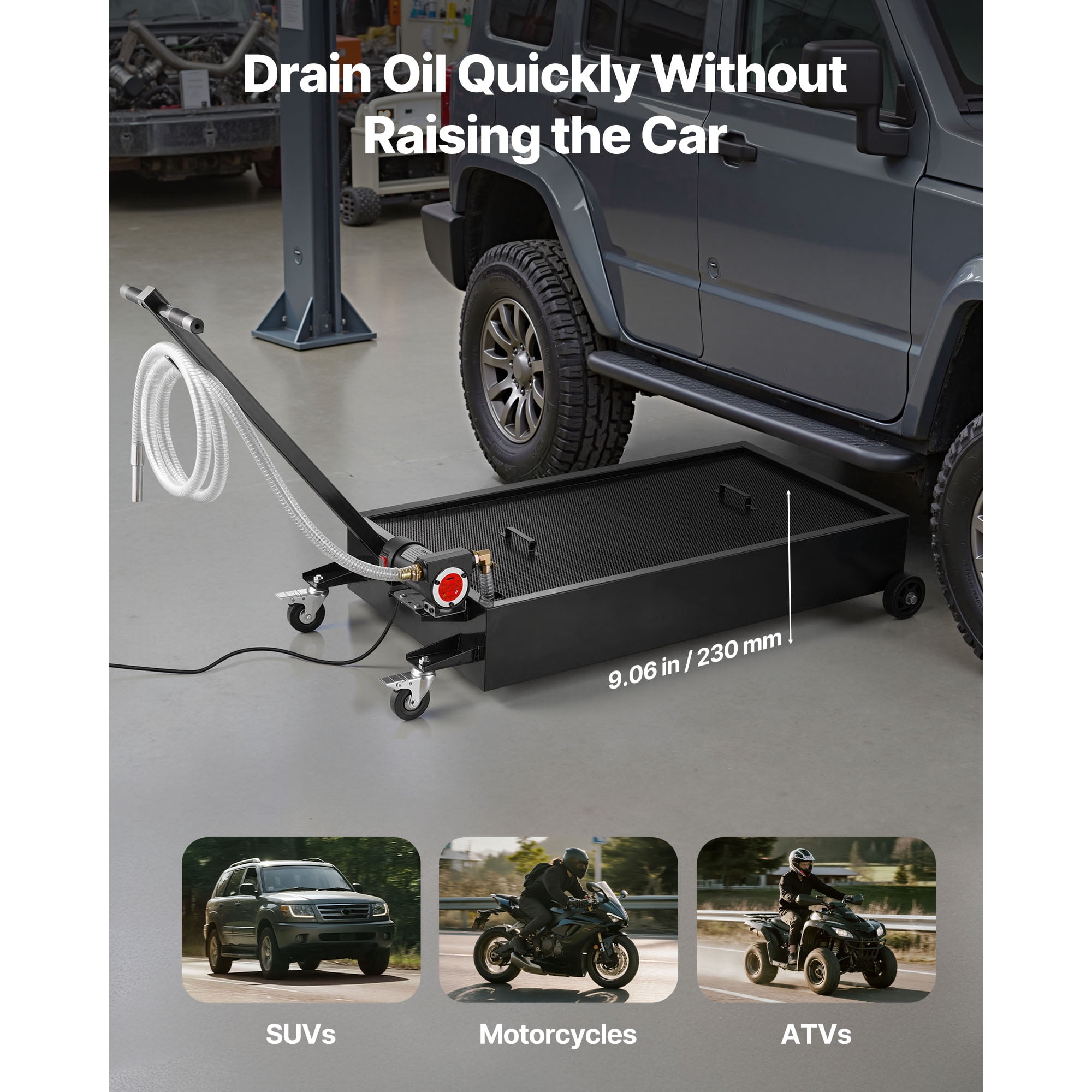KFFKFF 20-Gallon Low Profile Oil Drain Pan with Electric Pump and 7.2 ft Hose, Durable and Leak-Resistant Design for Cars, SUVs, Trucks, Motorcycles, and ATVs