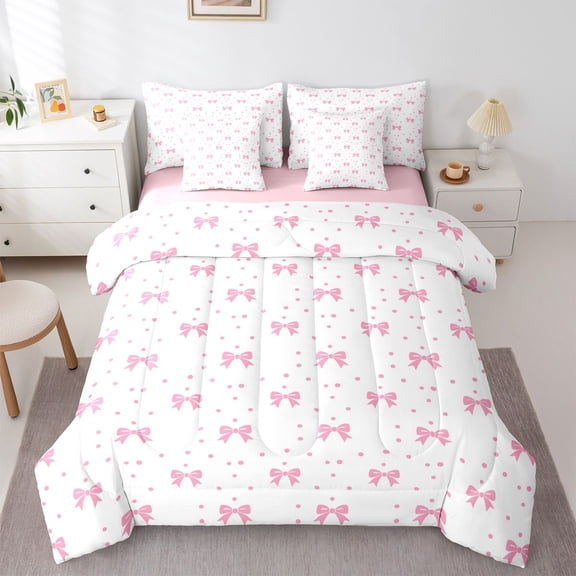 Feelyou Cartoon Pink Bow-tie Twin Bedding Sets 7pcs, Fairy Princess Bedding Comforter Set