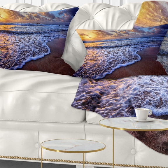 Designart Sunset over Blue Sea Waves - Seashore Throw Pillow - 12x20