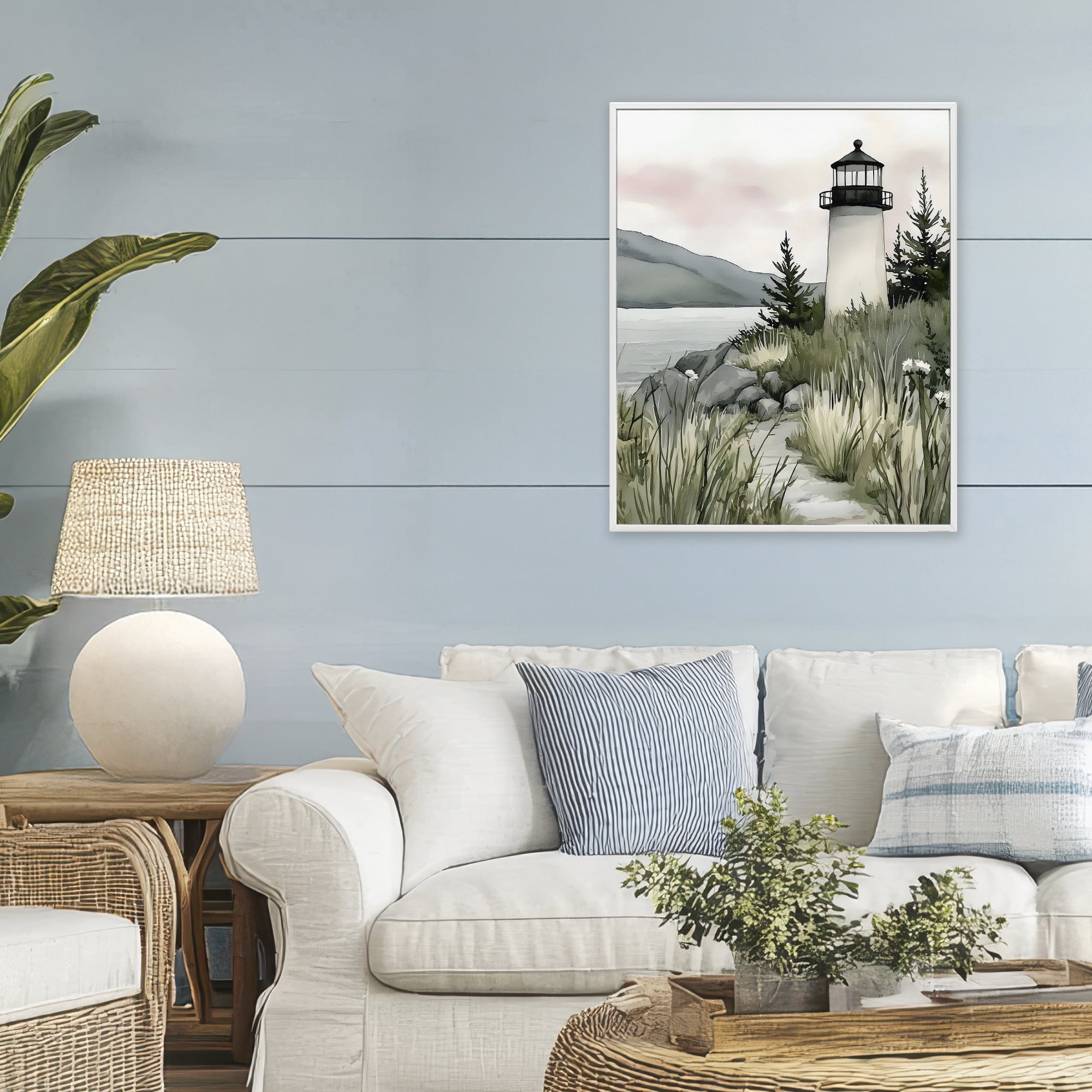 Stupell Industries Coastal Calm Lighthouse White Framed Giclee Art, design by Riley B