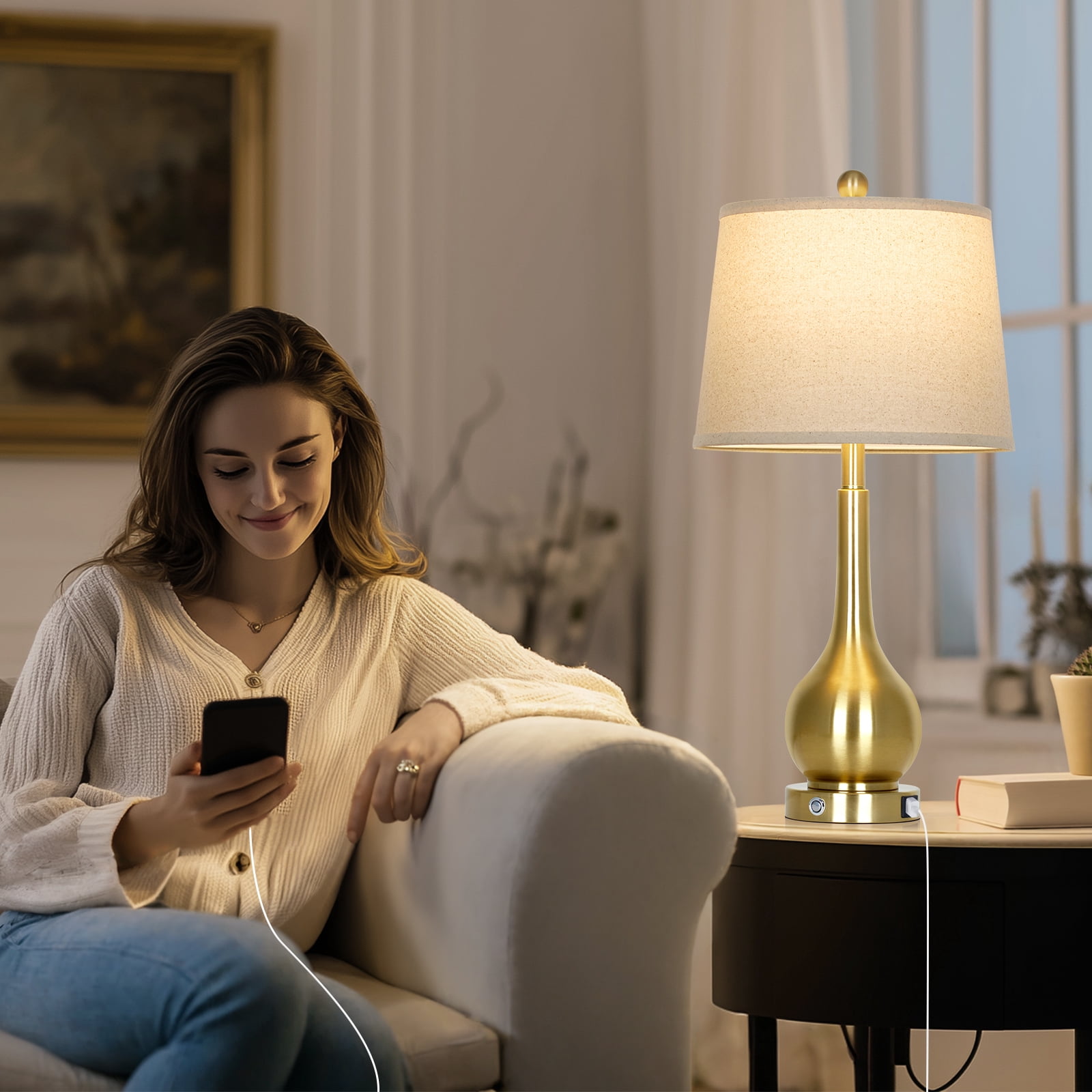 Cinkeda 26" Modern Table Lamp Set of 2 Farmhouse Industrial Touch Bedside Nightstands Lamps with USB A+C Charging Ports