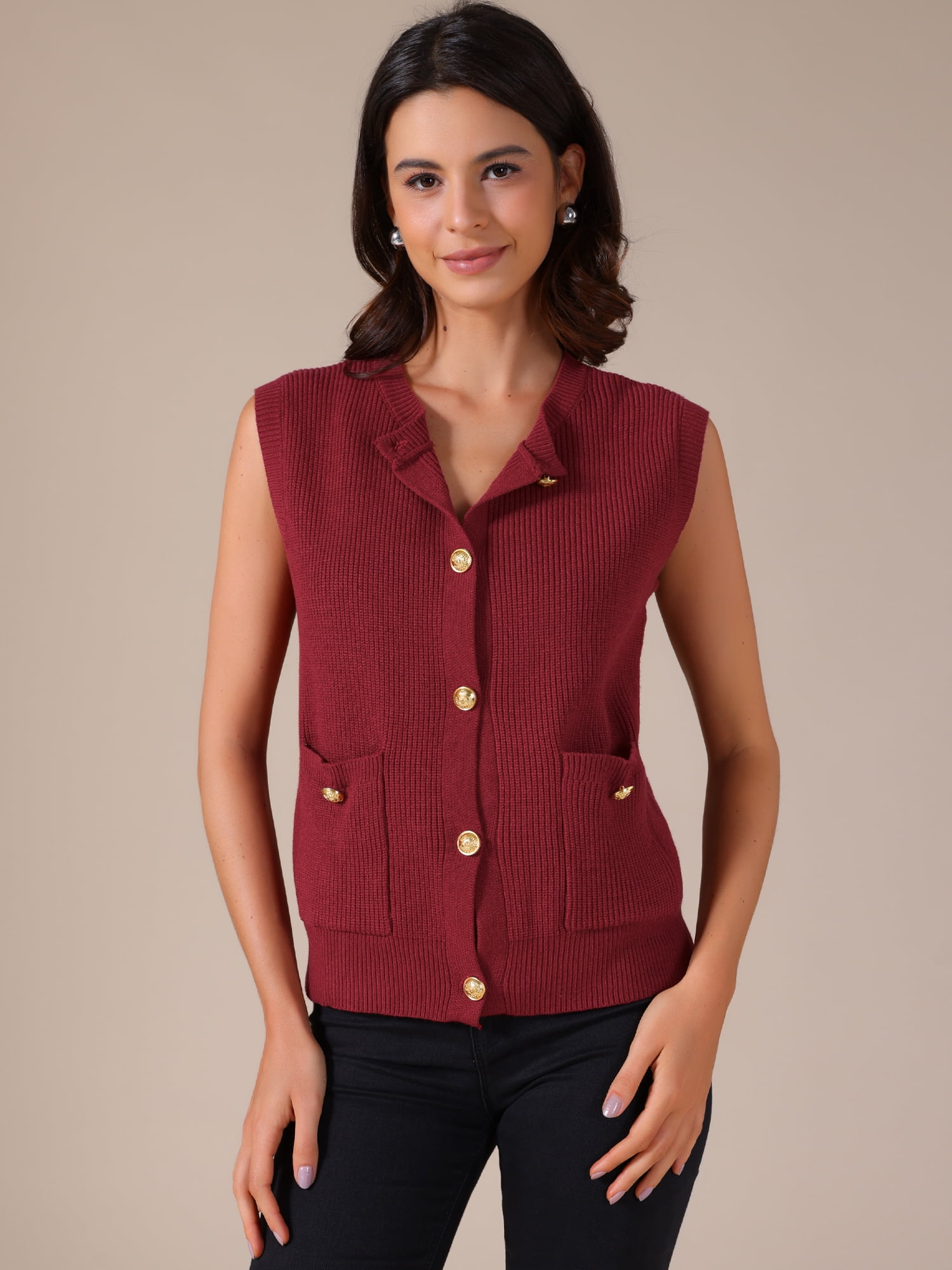 DARING DIVA Women's Button Down Sleeveless Casual Knit Tank Tops M Wine Red
