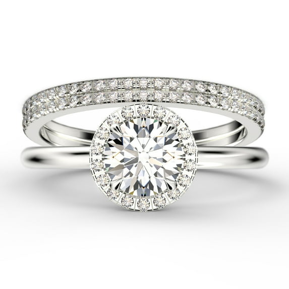 Fairy Minimalist 2.25 Carat Round Cut Diamond Moissanite Engagement Ring, Classic Halo Wedding Ring in 925 Sterling Silver With 18k White Gold Plating Gift For Her, Two Matching Band
