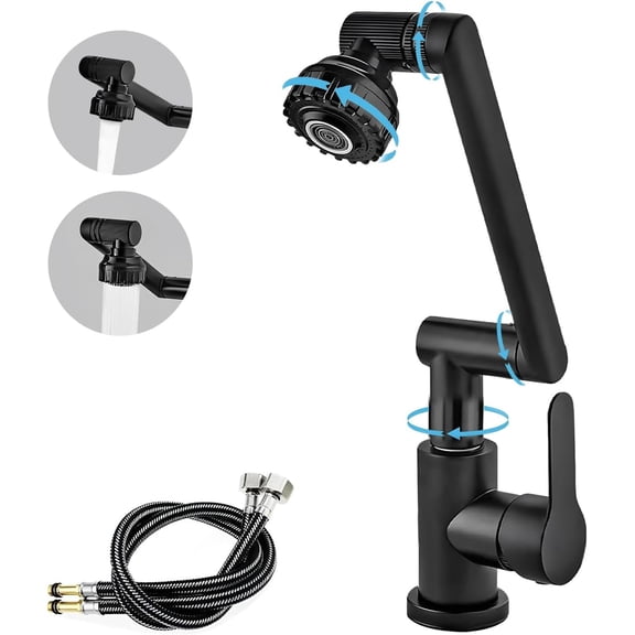 Zovajonia 1 Hole Single Handle Bathroom Sink Faucets, 1080° Rotatable Basin Faucet with Hot and Cold Hoses,Matte Black