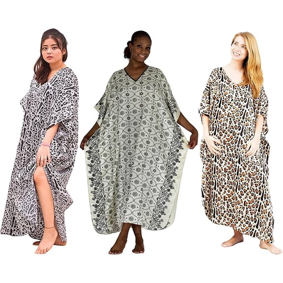 Up2date Fashion's Three Women's Black-Print Satin Caftans / Kaftans Value Pack #25