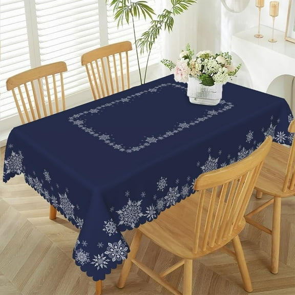 60x84inches Christmas Tablecloth Navy Blue and White Snowflakes Decorative Table Cloth Washable and Reusable Fabric Table Cover for Kitchen Dining Winter Holiday Xmas New Year Party Decor