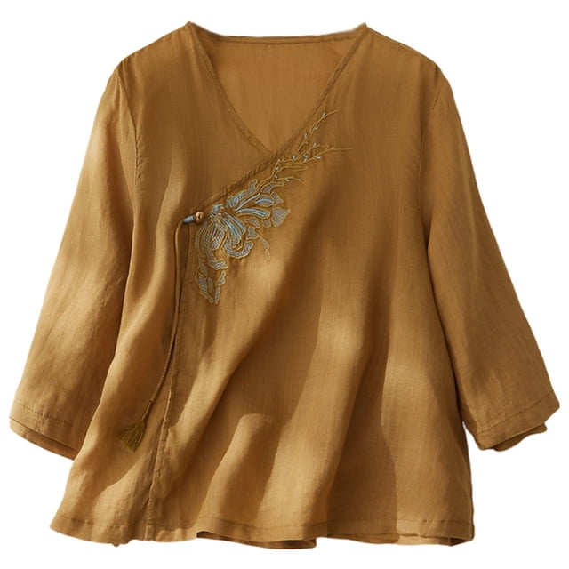 Birdeem Haut d'Été Décontracté pour Femme, Couleur Unie, Brodé, Coupe Ample, Col Rond, Manches Trois Quarts