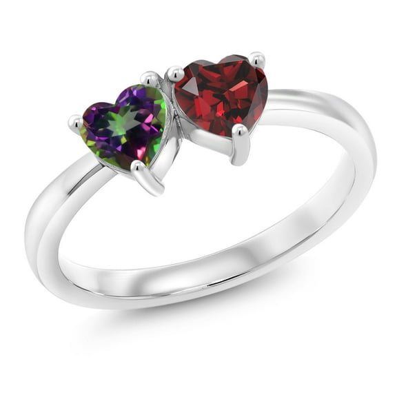 Gem Stone King 1.20 Ct Heart Shape Green Mystic Topaz Red Garnet 925 Sterling Silver Ring (Size 9)