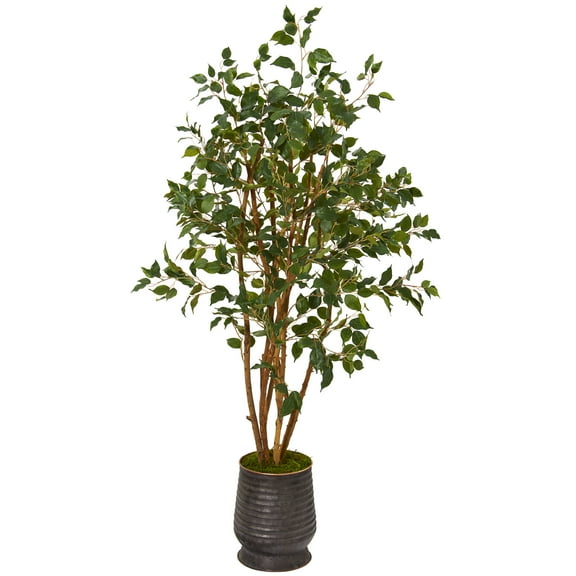 Nearly Natural 4.5' Ficus Artificial Tree in Ribbed Metal Planter
