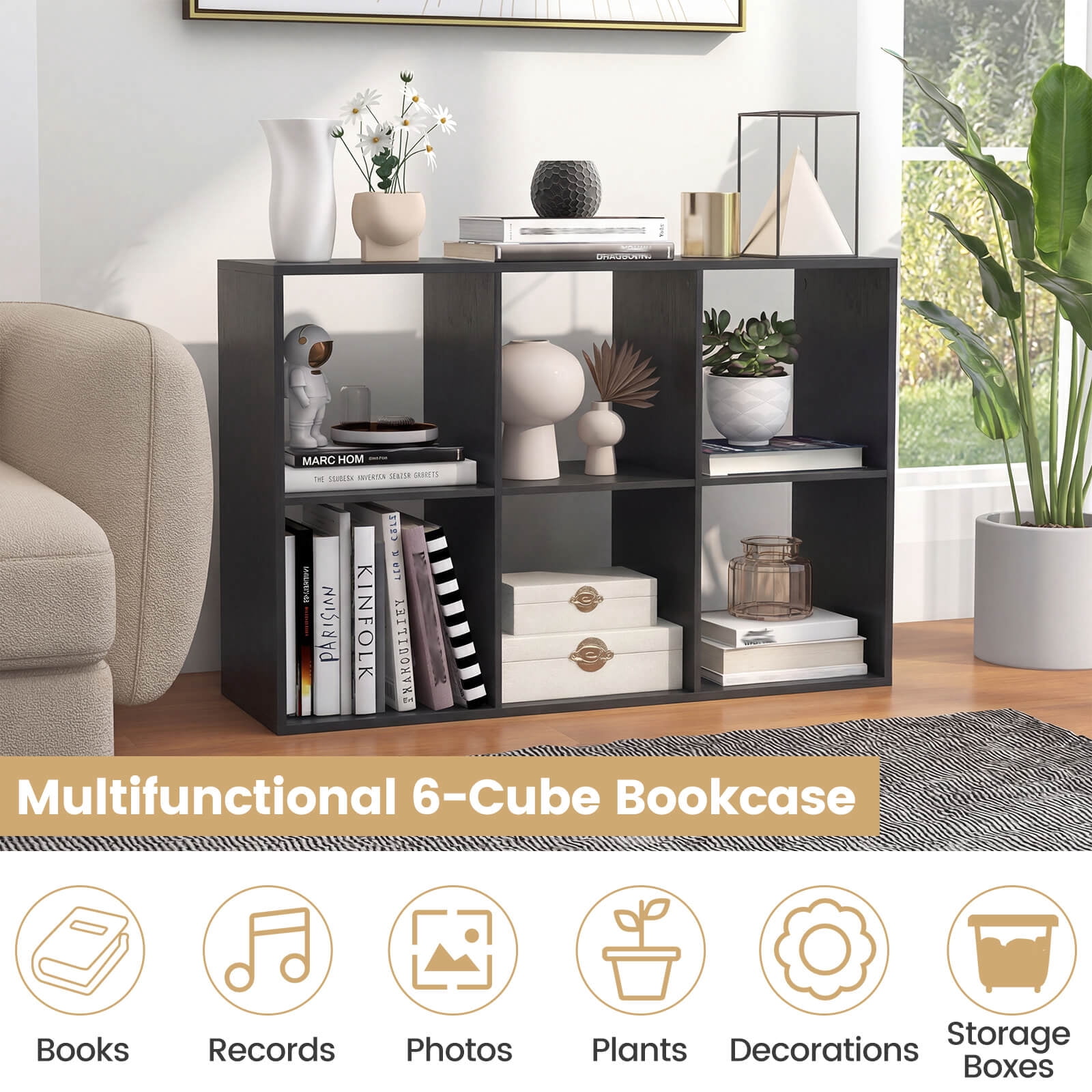 Costway 6-Cube Bookshelf, Modern Cubby Bookcase with Back Guardrail & Anti-tipping Kits Black