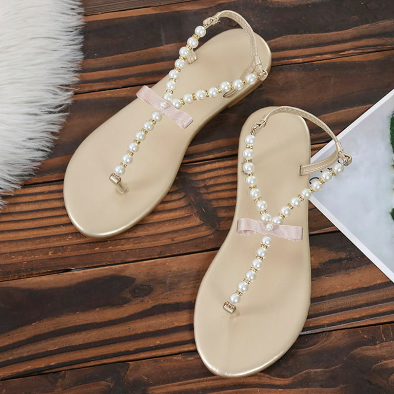 Daqian Sandals for Women Clearance Women's Casual Beach Summer Fashion Shoes  Pearl Beaded Bow Flat Heel Slippers Solid Color Sandals Flip Flops Slide  Sandals for Women Gold 7.5(40) 