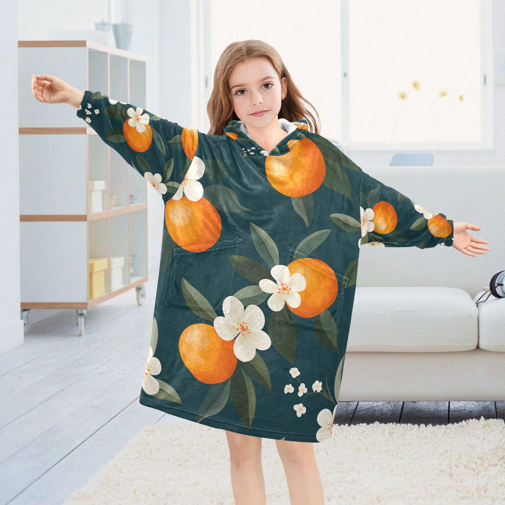FORMRS Wearable Blanket Hoodie with Sleeves for Kids Cozy Flannel Sweatshirt, Floral Oranges