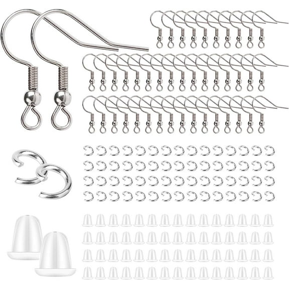 Stainless Steel Earring Hooks French Ear Wire, 600pcs Earring Making Findings Parts Jewels DIY Supplies Kits, with Silicone Earring Backs Stoppers & Open Jump Ring