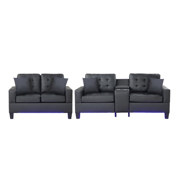 Genesis Black PVC Fabric Living Room Set w/ LED USB Strg Cuphldrs Tuft. Cushions