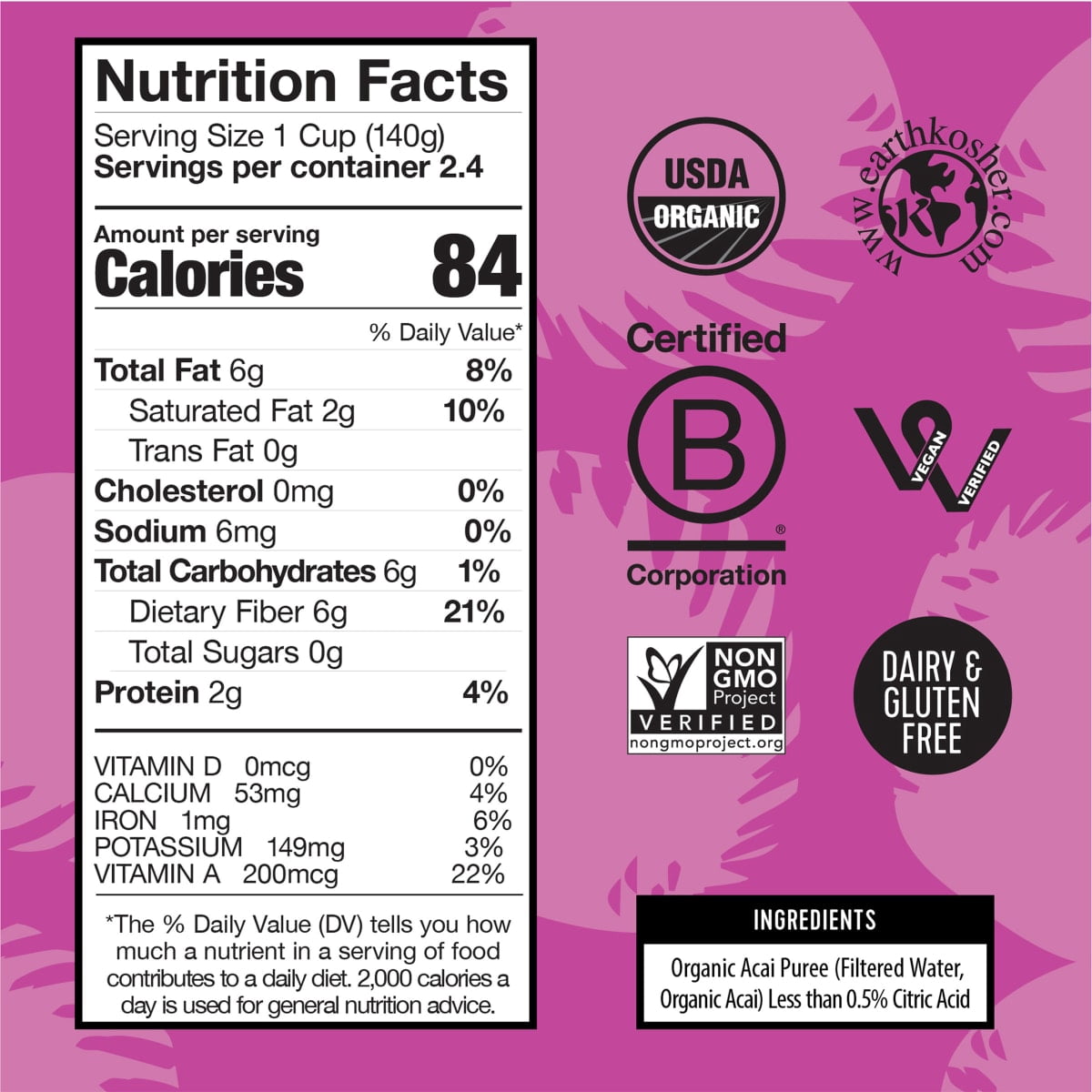 Pitaya Foods Frozen Acai Berry Pieces, Pure Unsweetened Organic Fruit, 12 oz, Gluten-Free, Vegan