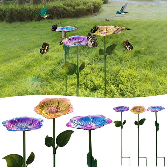 FEOLGEHLY Metal Bird Baths for Outdoors, Flower Pattern Bird Bath Feeders with Metal Stake for Garden Yard Lawn Outdoor Decor, Bee Watering Station for Garden Metal Bee Water Feeder, Purple