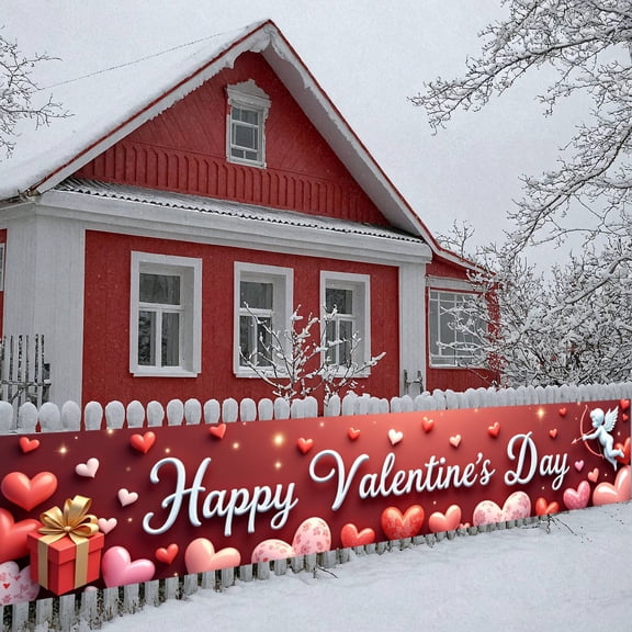 Red Theme Happy Valentine's Day Banner Heart Pattern Valentine's Display Romantic Cupid Design Love Backdrop for Valentine's Day Party Romantic Dinner Anniversary Celebration