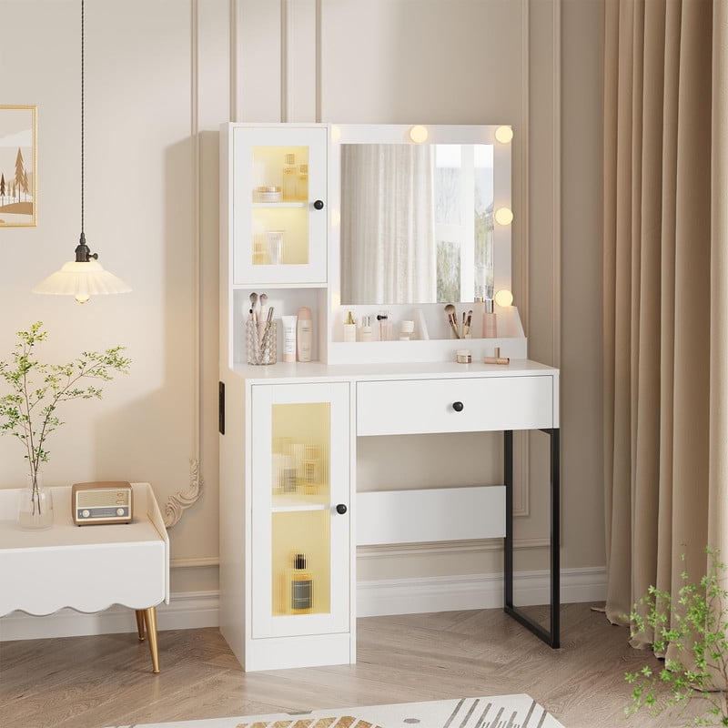 TROPOW Vanity Desk with Mirror and Lights Elegant Makeup Vanity Table with Drawers & Cabinets, Storage, Sturdy MDF Top, Adjustable Brightness Bulbs, Built-in Power Outlet & USB Ports,White
