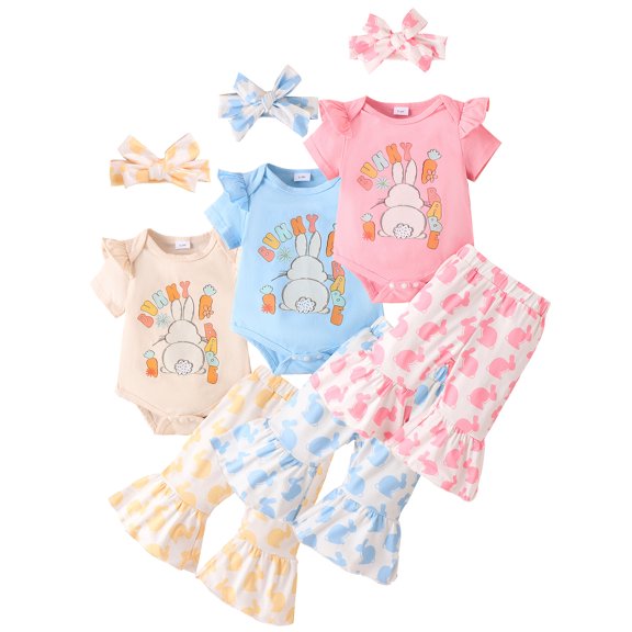 WIBACKER 0-18M Newborn Baby Girl Easter Outfits Short Sleeve Shirts with Rabbit Bunny Flared Bell Bottom Pants Set