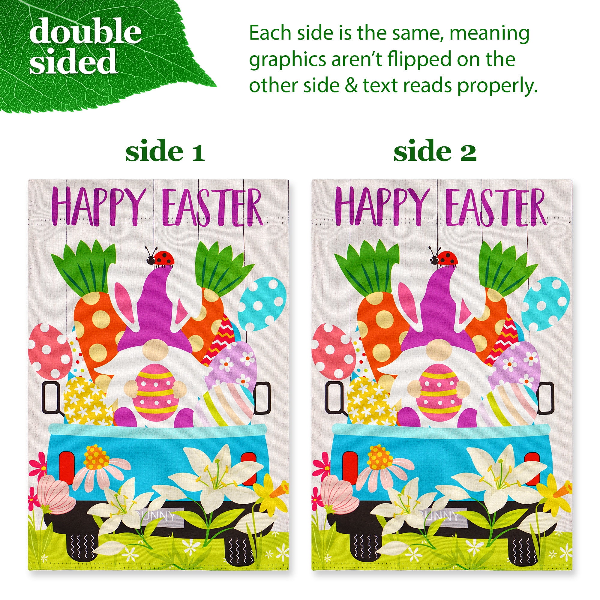 G128 2sets: 36"x16" Flag Stand & 12"x18" Double Sided Gnome Truck Garden Flag Easter Polyester