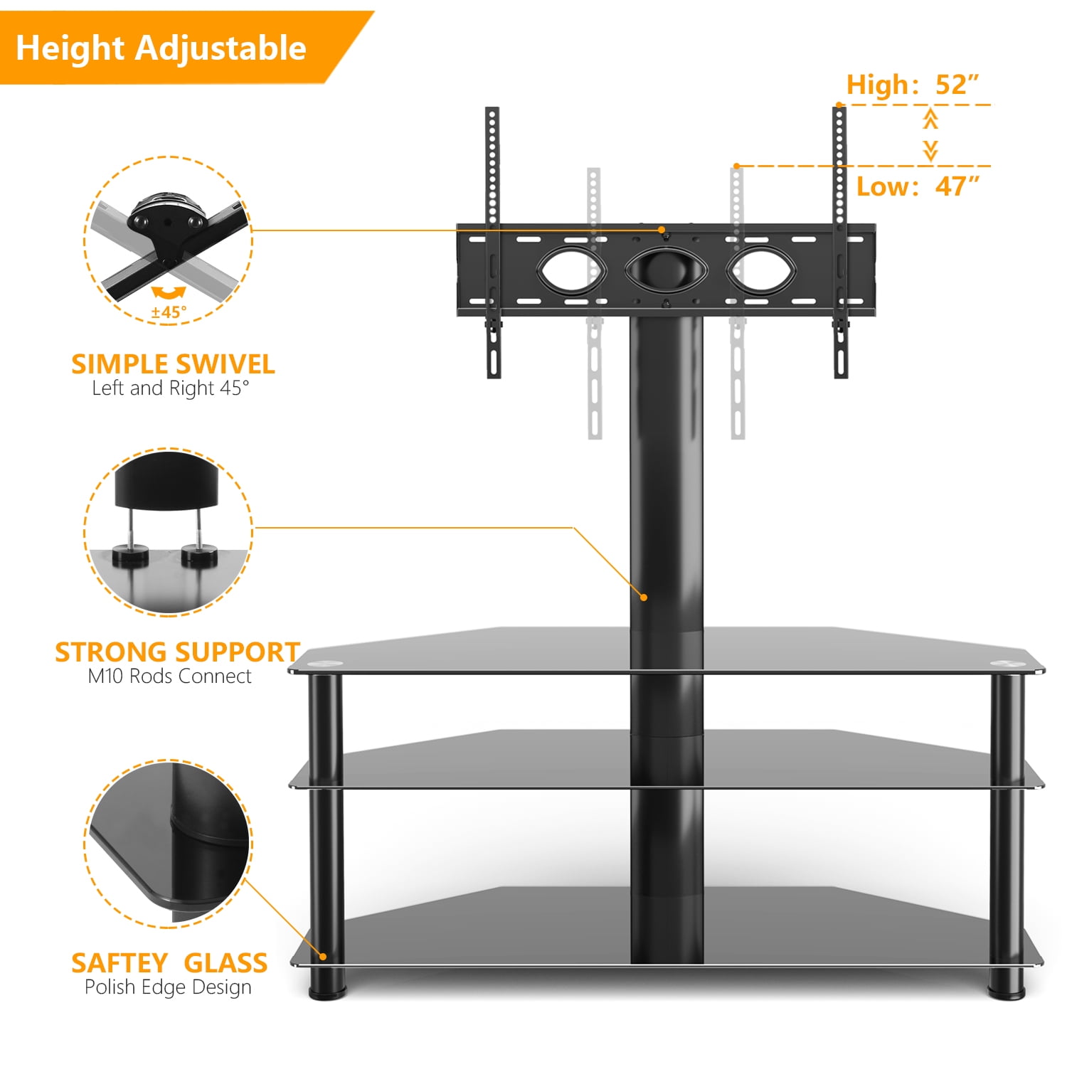 RTVR Modern 3 in 1 TV Table Stand for up to 75 inch Flat Panel, TV Mount Stand with Shelves Entertainment Center