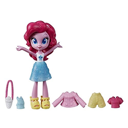my little pony equestria girls fashion squad pinkie pie, poción de 3 pulgadas mini doll — Muñeca Pinkie Pie de 3 pulgadas con cabello rosado rizado y falda azul brillante; figura articulada (5 puntos de articulación) con accesorios visibles: bolso blanco, top azul claro, sandalias amarillas y tres prendas extraíbles en rosa y amarillo; fondo blanco.