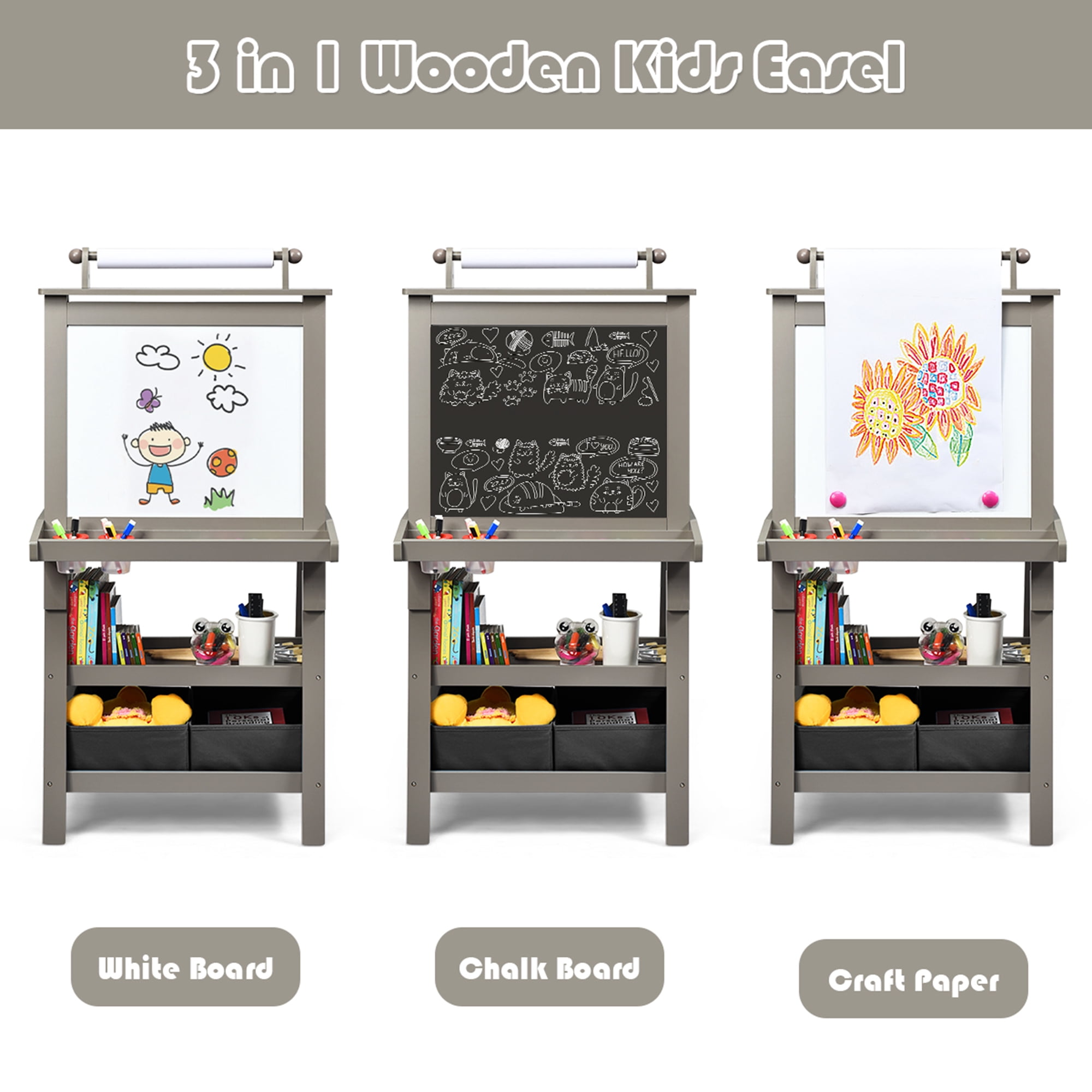 Gymax 3 in 1 Double-Sided Storage Art Easel w/ Paint Cups for Kids Writing Earl Grey