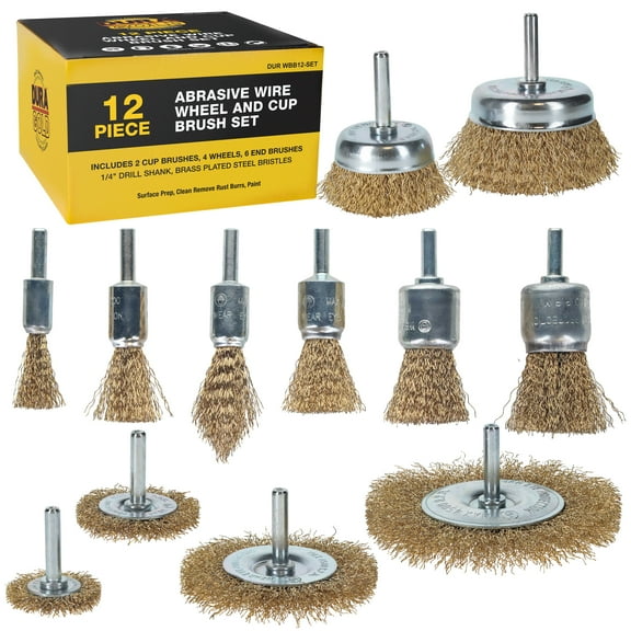 Dura-Gold 12-Piece Abrasive Brass-Coated Wire Wheel, Cup Brush, and End Brush Set, 1/4" Drill Shank, Carbon Steel Bristles - Surface Prep Grinding, Stripping Metal, Clean Remove Rust, Corrosion