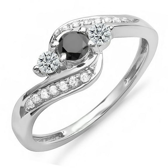 Dazzlingrock Collection 0.50 Carat (ctw) 14k Round Black And White Diamond Ladies Swirl Engagement 3 Stone Bridal Ring 1/2 CT, White Gold, Size 7