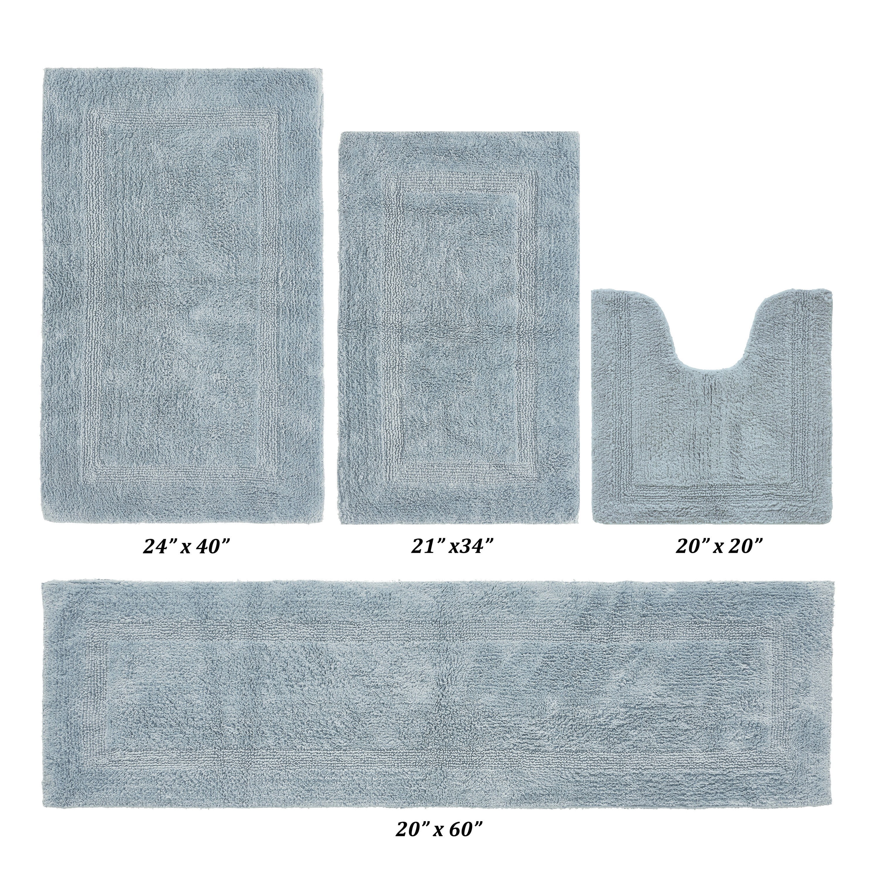Better Trends Bathroom Rugs 4 Piece Set 100% Cotton Soft Bath Rug, Water Absorbent, Reversible, Machine Washable for Bathroom Decor Toilet Base Contour, Runner Rug Blue Lux Collection