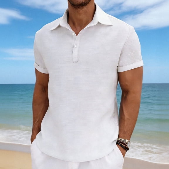 DPTALR Men's Casual Vacation Solid Color Button-down Collar Stylish Short Sleeve Shirt,White, S