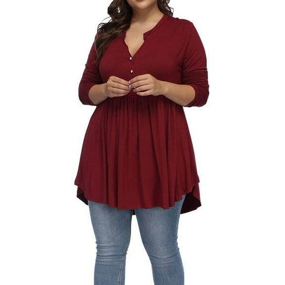 Fiaer Womens Long Sleeve T Shirts Oversized Button up Deep V Neck Tshirts Loose Fit Fall Ruffle Hem Tops XL