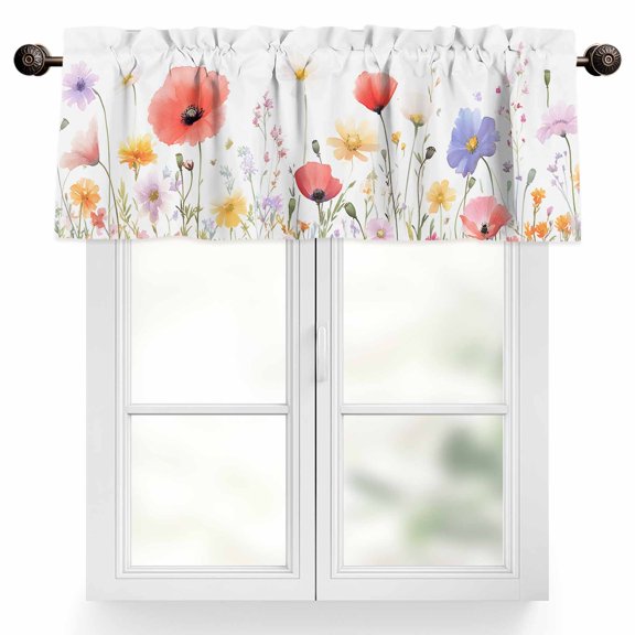 Pastoral Flowers Valances for Windows, 54 x 18in, Colorful Floral Leaves Plants Watercolor Rod Pocket Kitchen Valance Curtain Light Filtering Window Treatments for Living Room Bedroom, 1 Panel