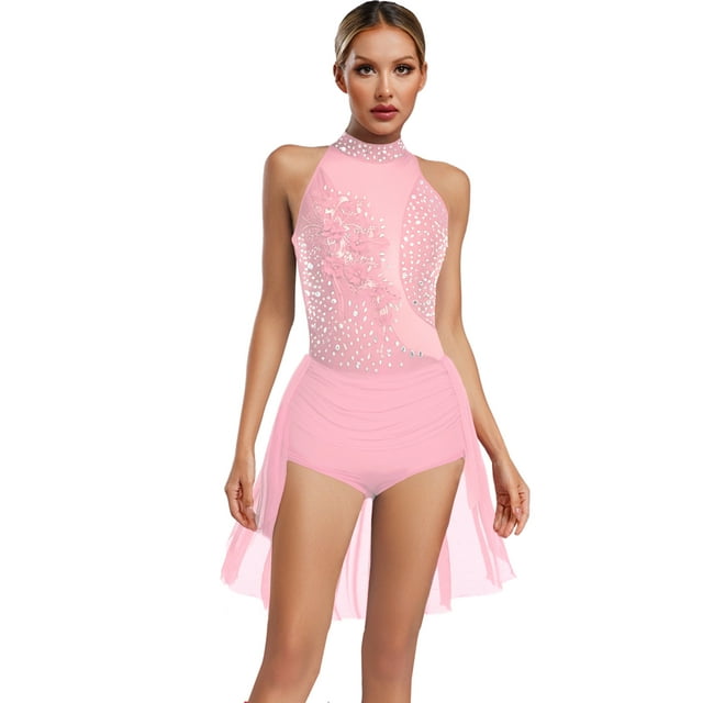 Raenseen Robe de Danse Lyrique pour Femme Justaucorps Sans Manches avec Jupe Costume de Patinage Artistique sur Glace Rose TTG