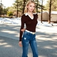 thumbnail image 7 of Women's Long Sleeve V-Neck Shirt with Contrast Collar - X Large, Brown, 7 of 7