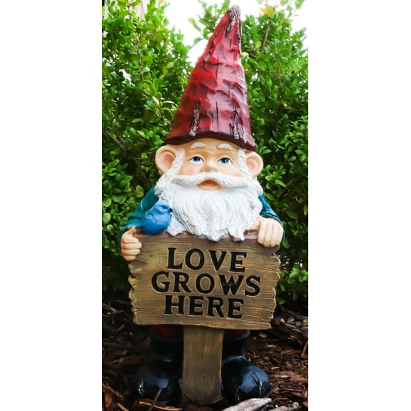 Whimsical Festive Garden Mr Gnome And Bluebird With Love Grows Here Sign Statue