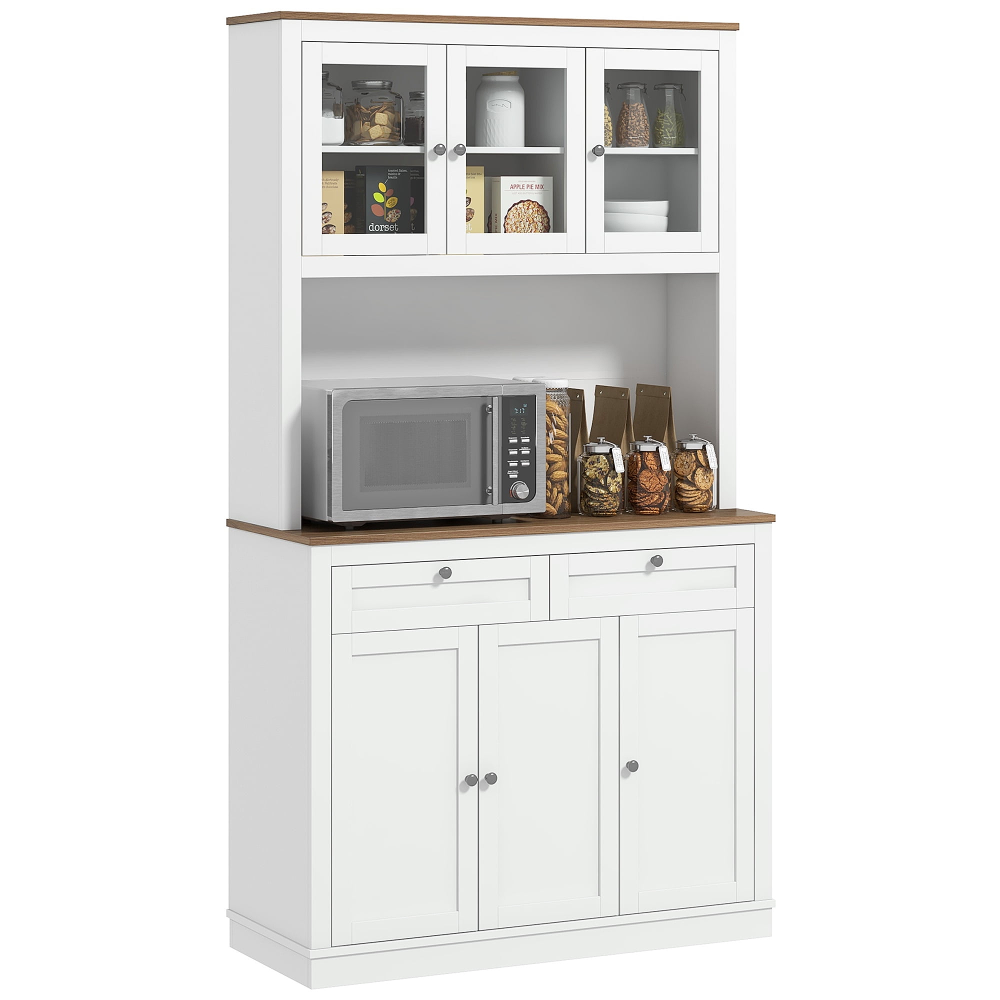 HOMCOM 71" Tall Kitchen Pantry Storage Cabinet with 2 Drawers, Microwave Cabinet with Adjustable Shelves and Glass Doors, White