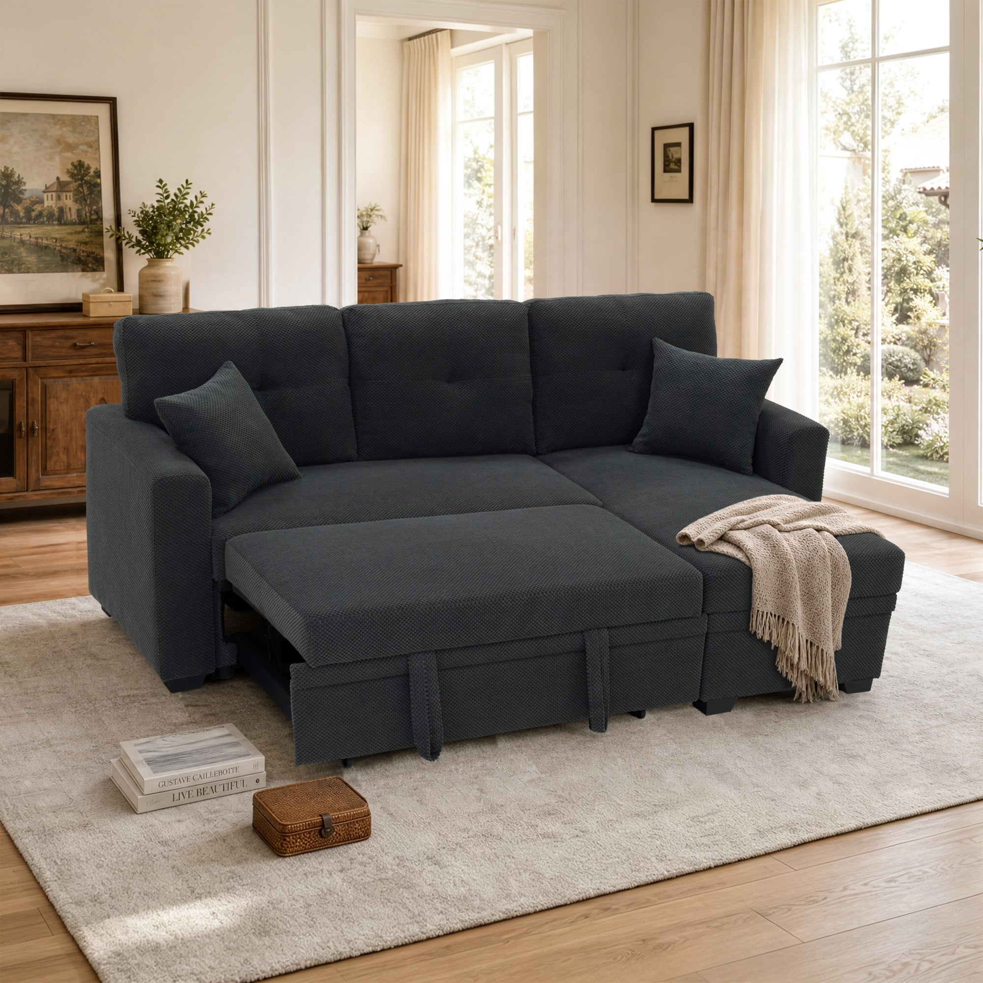BSHTI 71"Foil Fabric L-Shaped Pull-Out Sleeper Sofa Bed with Reversible Chaise, Hidden Storage for Living Room（Dark Gray）