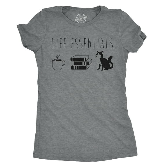 Womens Life Essentials T shirt Funny Coffee Cat Mom Lover Cute Graphic Ladies (Dark Heather Grey) - S