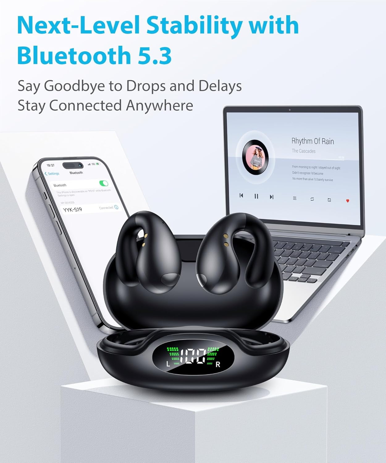 Ultra Open-Ear-Earbuds Wireless Bluetooth - Ergonomic Clip-On Earbuds, Bone Conduction Over-The-Ear Headphones with Waterproof Design and Secure Fit for Small Ears, Classic Black