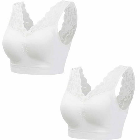 

2Pcs Women s Sexy Lace Deep V Bralette Comfort Revolution Crop Top Full Figured Supportive Wirefree Bra Plus Size White+White M-3XL