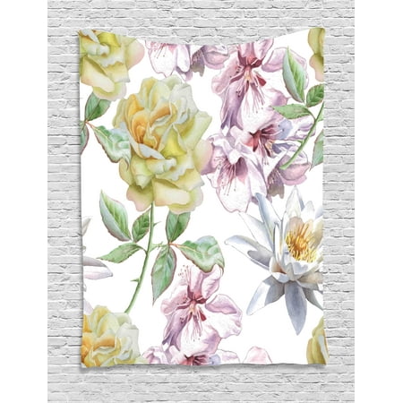 Floral Blooms (Floral Tapestry, Rose Petals Sakura Lily Flowers Blooms Romance Florets Design, Wall Hanging for Bedroom Living Room Dorm Decor, Pale Pink Yellow Fern Green, by)