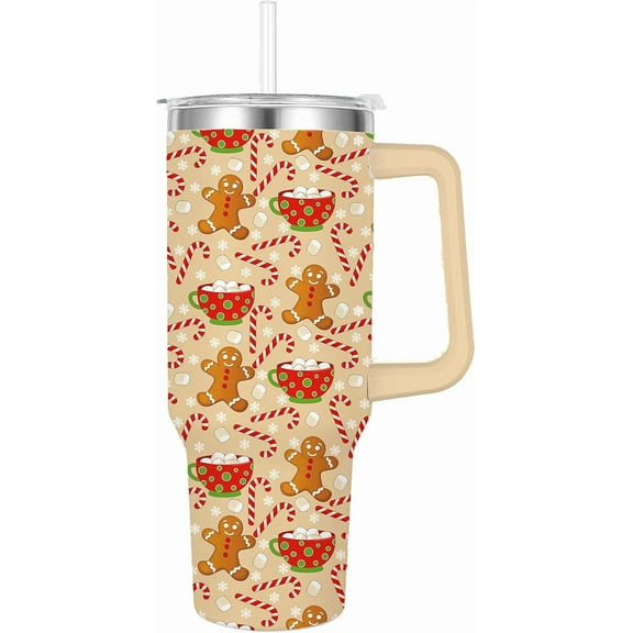 1 Pcs Christmas Tumbler with Handle Lid Straw 40 Oz Gingerbread Man Candy Cane Stainless Steel Travel Tumbler Cup for Xmas Iced Coffee Party Favor