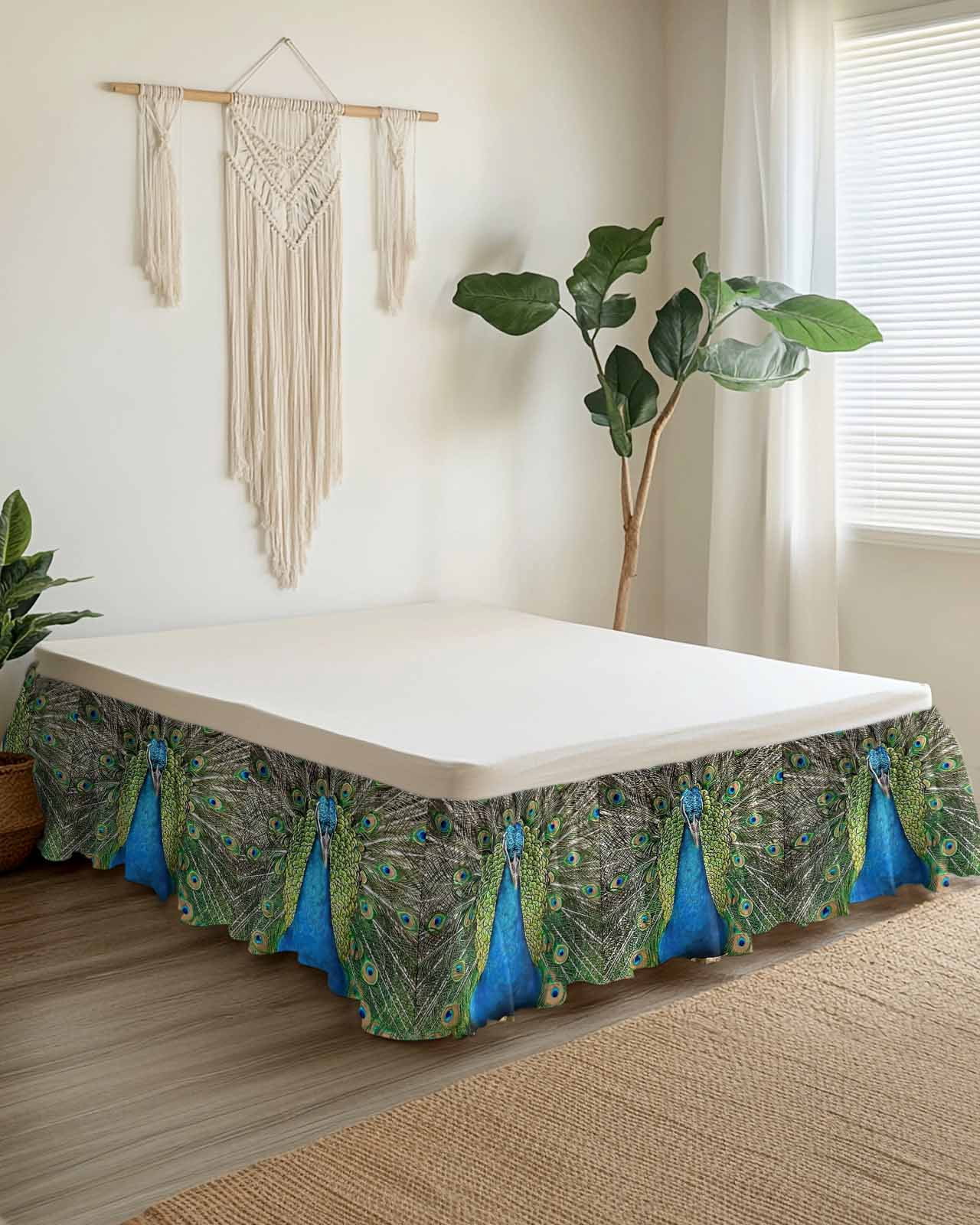 Peacock Feathers Wrap Around Bed Skirts for Queen Bed 16" Drop, Bed Skirt with Adjustable Elastic Belt Dust Ruffle Bed Valance for Bedroom Hotel Luxury Contemporary Aesthetic Art Bed Frame Cover