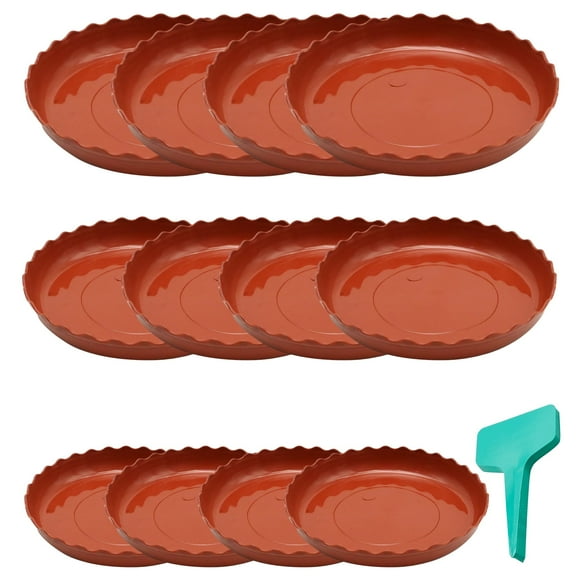 12-Pack Red Plant Trays, 3 Sizes Plastic Round Wave Plant Saucers, Fit for Indoor & Outdoor Flower Pots and Planters (with 20 Green Plant Labels)