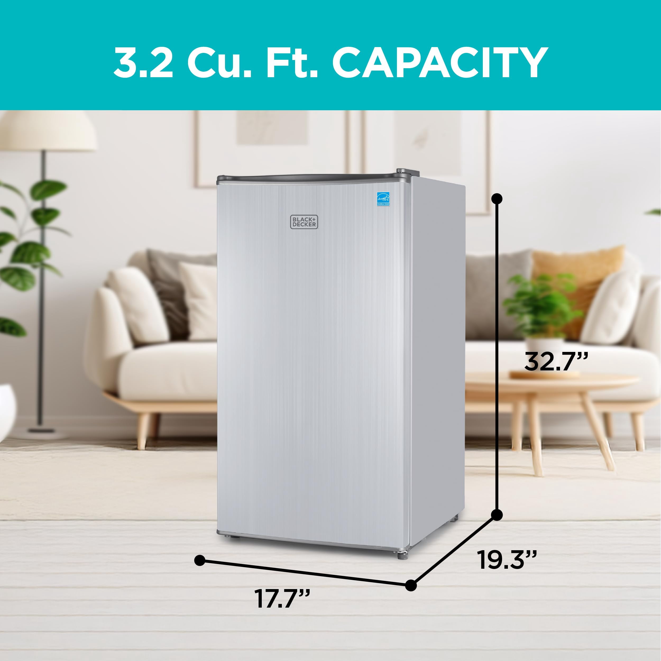 BLACK+DECKER BCRK32V Compact Refrigerator Energy Star Single Door Mini Fridge with Freezer, 3.2 cu. ft., Silver